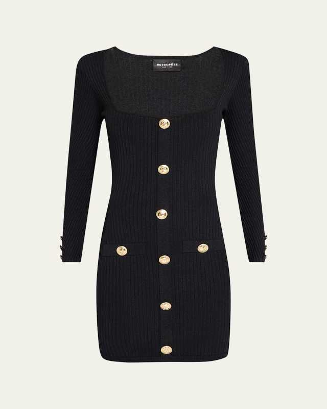 Thea Buttoned Rib-Knit Mini Dress